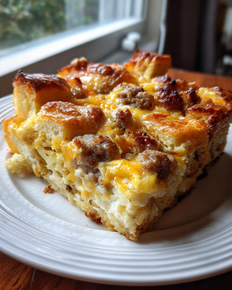 A slice of sausage breakfast casserole, showcasing a delicious christmas breakfast ideas. Golden brown and cheesy on a white plate.