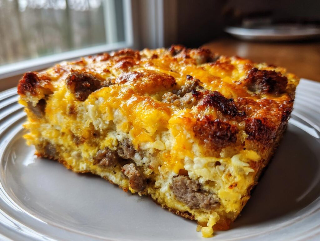 A slice of sausage breakfast casserole, perfect for Christmas breakfast ideas, featuring eggs, cheese, and sausage.