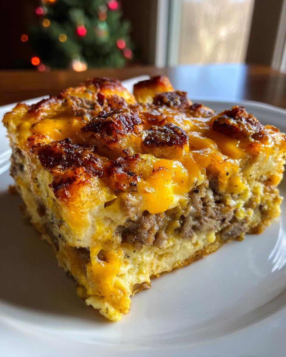 Slice of sausage breakfast casserole on a white plate, a great christmas breakfast ideas. Christmas tree in background.