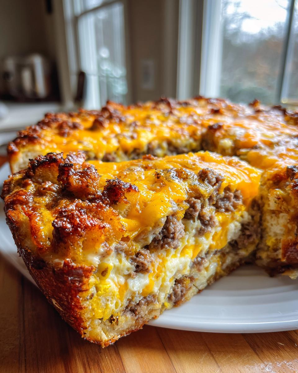 A slice of sausage and egg bake, a delicious christmas breakfast ideas, with layers of sausage, egg, and cheese.