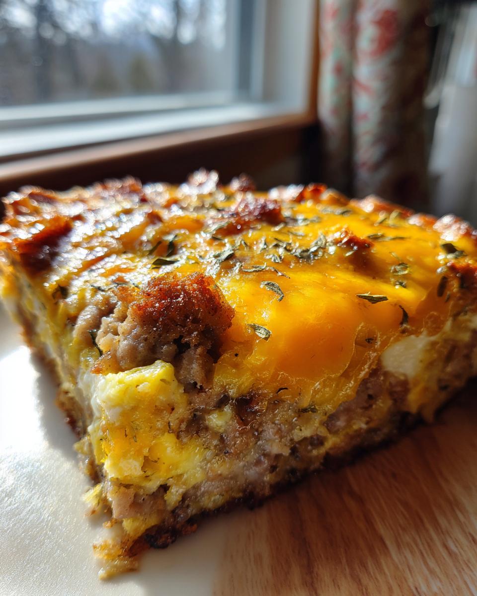 A slice of sausage and egg bake, a great option for Christmas breakfast ideas, with cheese and herbs on top.