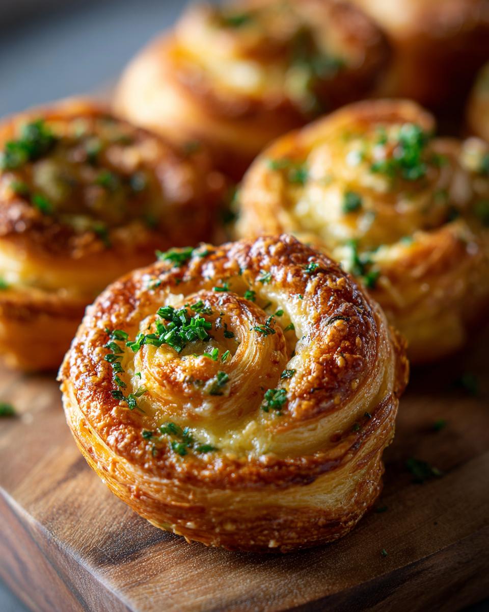 Close-up of savory pinwheel rolls, a delicious and easy party food, garnished with fresh herbs on a wooden board.