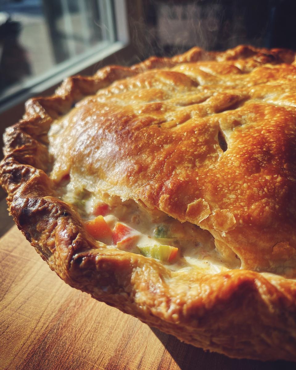 Close-up of a golden brown savory pot pie, a perfect example of comfort food dinners.