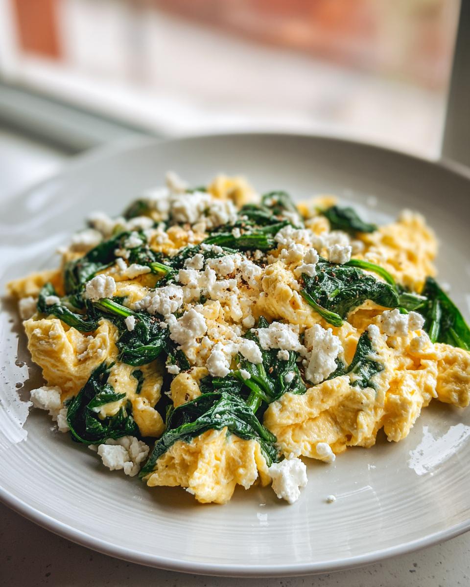 A plate of fluffy scrambled eggs topped with fresh spinach and feta cheese, perfect for quick morning meals.