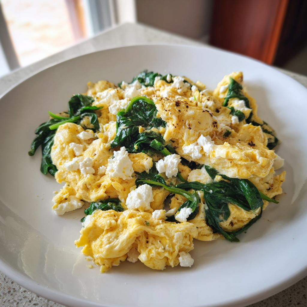 A plate of fluffy scrambled eggs with spinach and feta cheese, perfect for quick morning meals.
