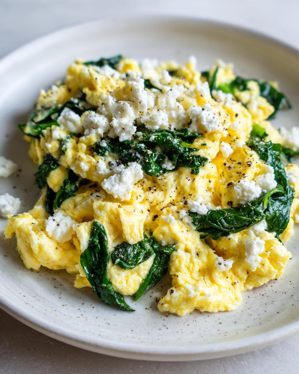 A plate of scrambled eggs with spinach and feta cheese, a delicious and quick morning meals option.