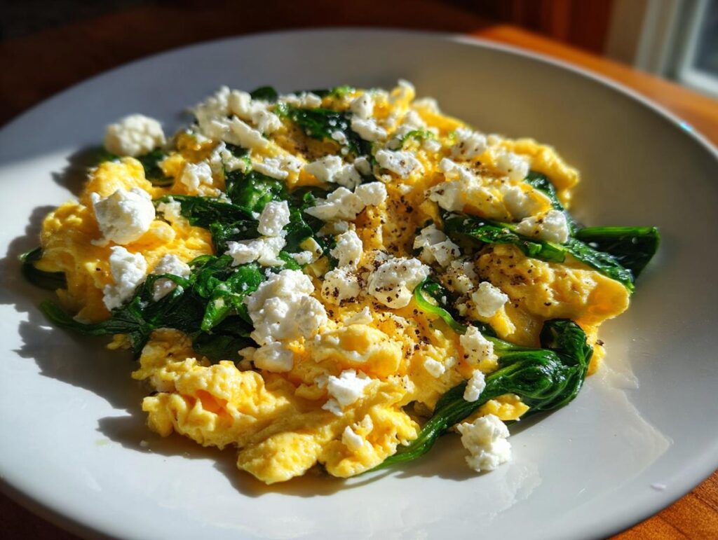 A plate of scrambled eggs with spinach and feta cheese, perfect for quick morning meals.