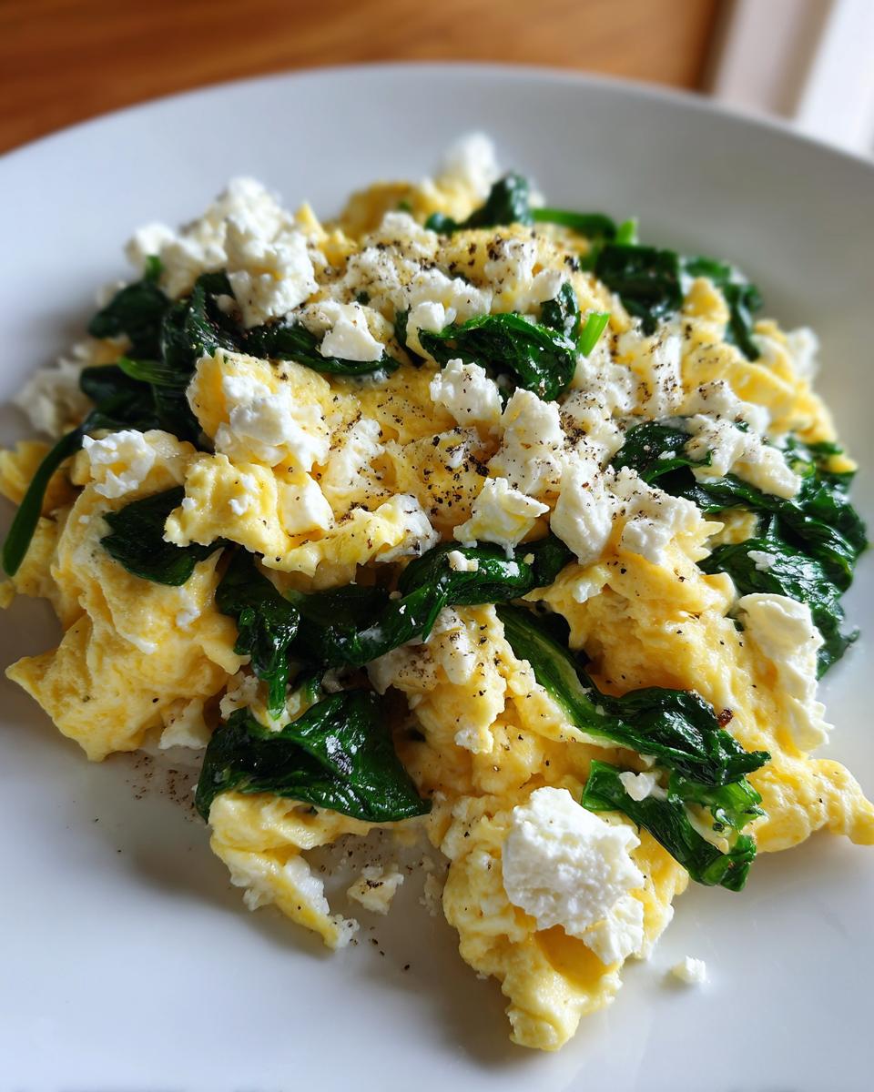 A plate of scrambled eggs with spinach and feta cheese. One of the best morning meals.