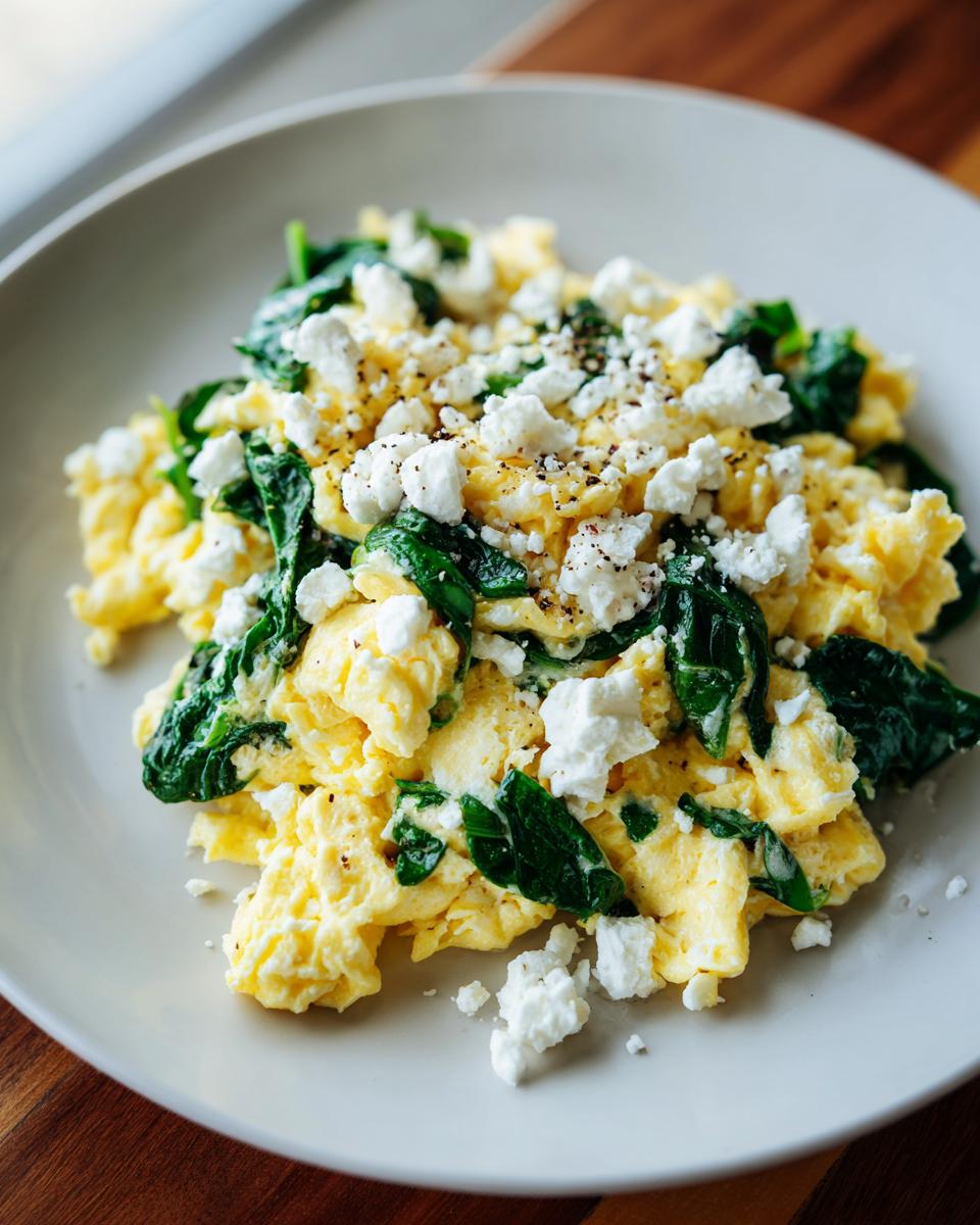 A plate of fluffy scrambled eggs with spinach and feta cheese, perfect for quick morning meals.