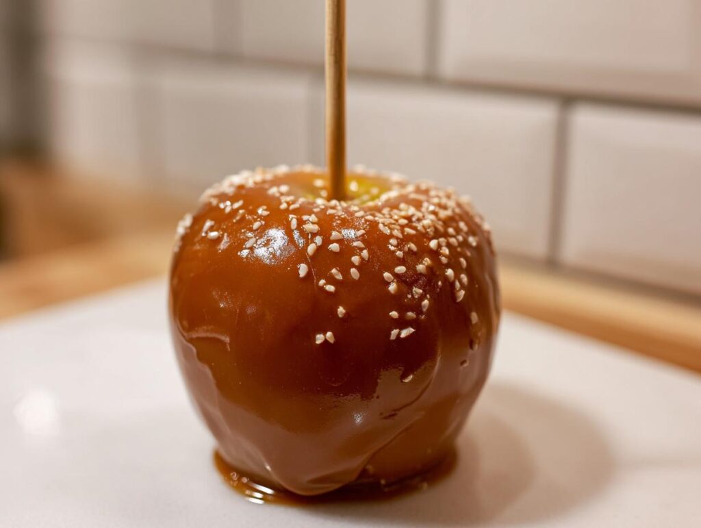 A delicious caramel apple recipe with sesame seeds on a stick, ready to eat.