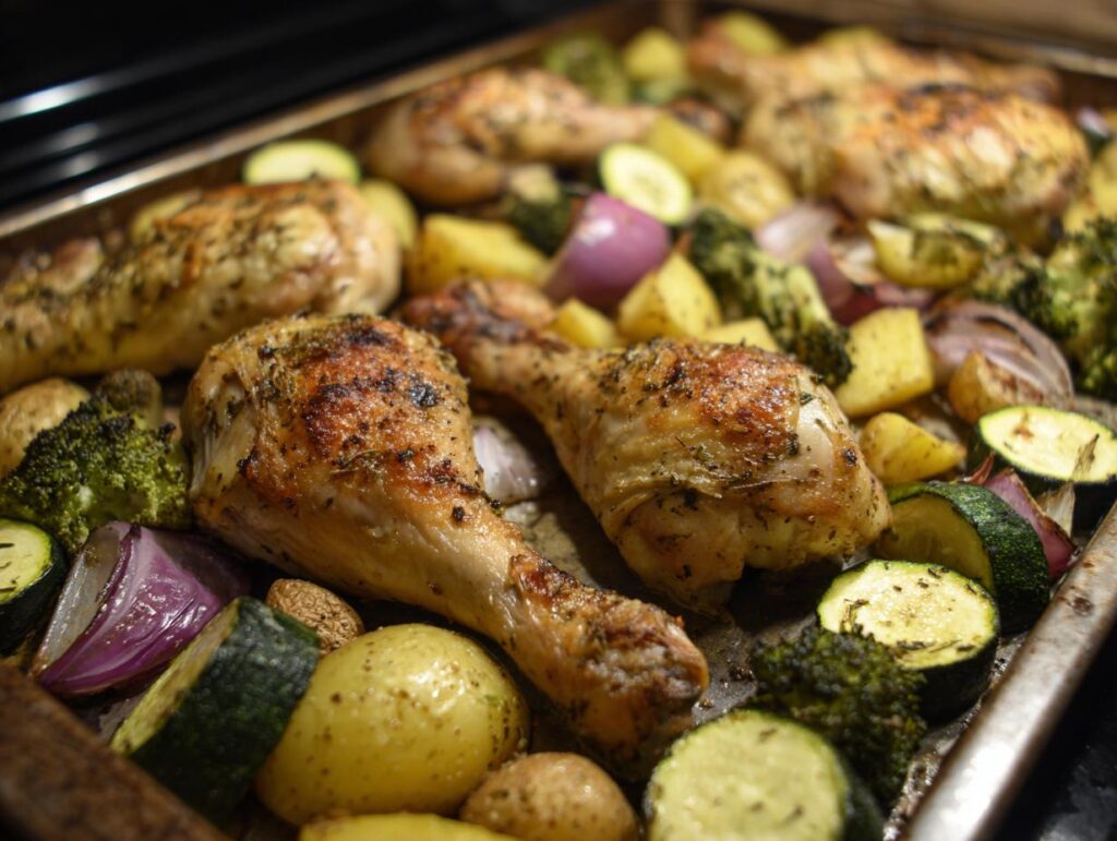 Sheet pan chicken with roasted vegetables, a delicious and easy summer recipes meal.