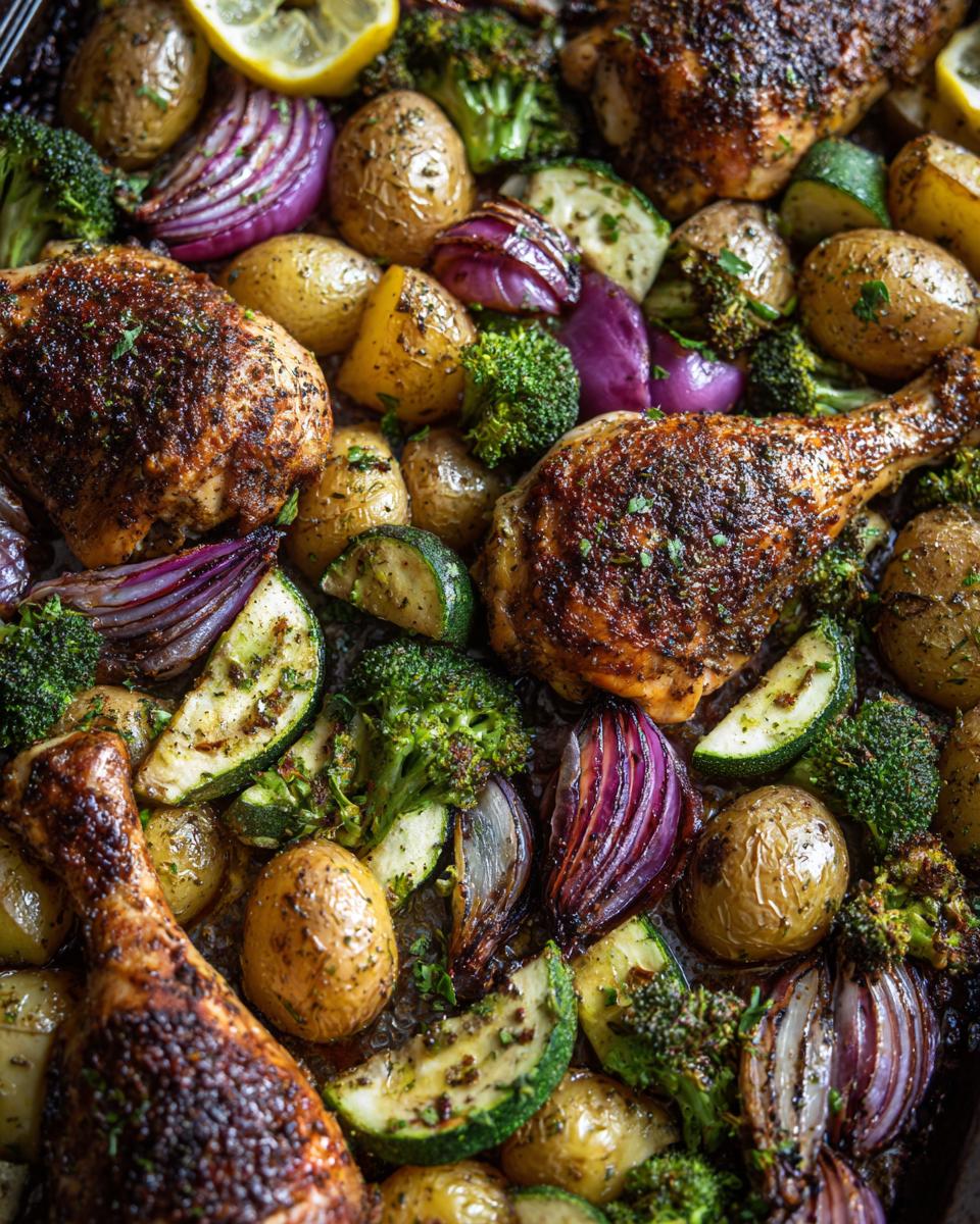 Overhead view of sheet pan chicken with roasted vegetables, a delicious entry for summer recipes.