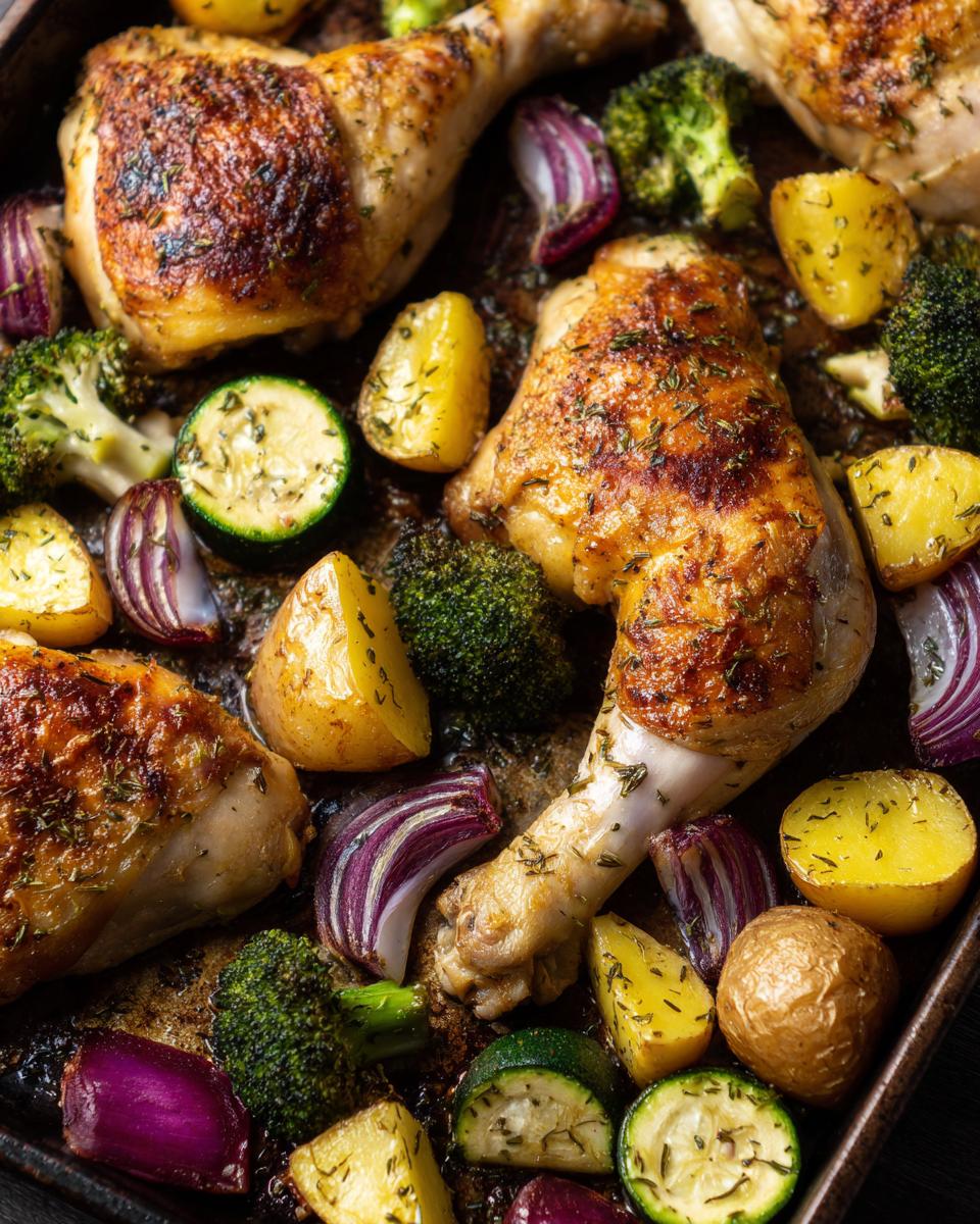 Sheet pan chicken with roasted vegetables, including potatoes, broccoli, zucchini, and red onion. A delicious summer recipes.