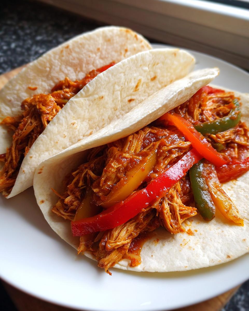 Two shredded chicken tacos with colorful bell peppers, showcasing an easy crockpot meals recipe.
