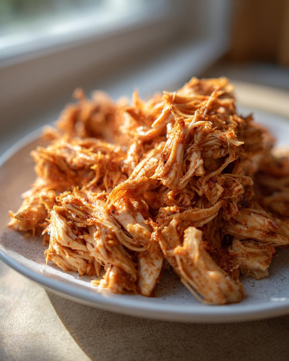 Close-up of shredded chicken, perfect for crockpot chicken recipes. The chicken is seasoned and piled on a plate.
