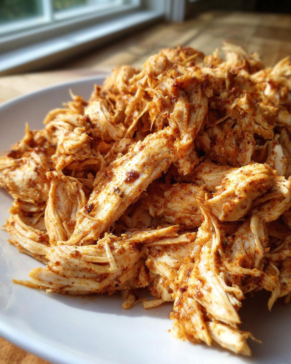Close-up of flavorful shredded chicken made for crockpot chicken recipes, served on a white plate.