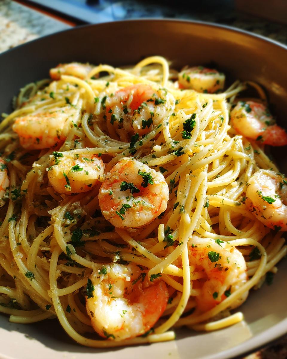 Bowl of shrimp pasta recipes, featuring perfectly cooked shrimp and spaghetti with a light sauce and fresh parsley.