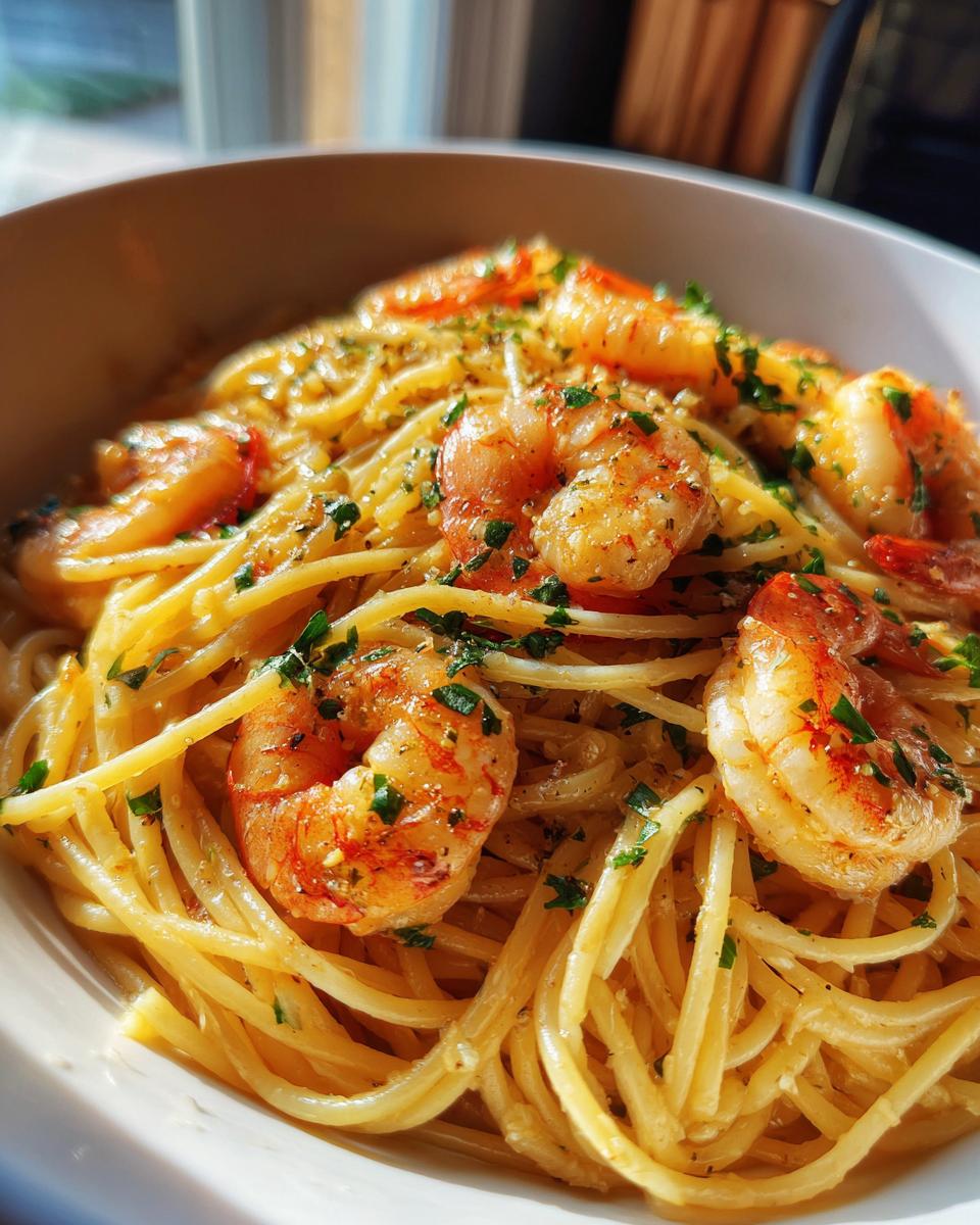 Close-up of a bowl of shrimp pasta recipes, featuring perfectly cooked shrimp and garnished with fresh herbs.
