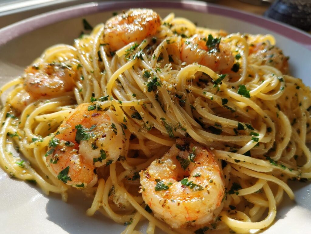 Close-up of a plate of shrimp pasta recipes, featuring perfectly cooked shrimp and a light sauce.