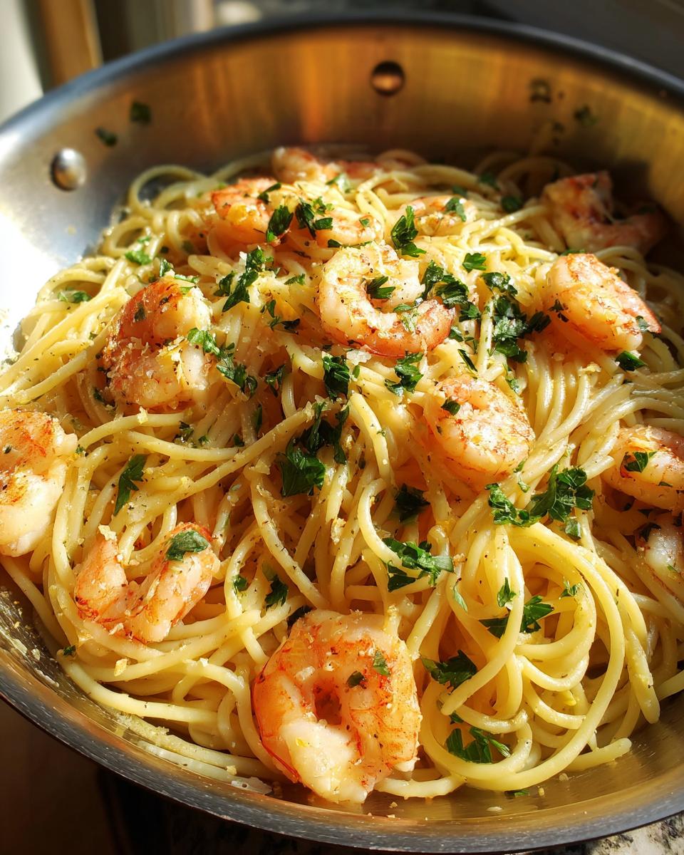 Close-up of shrimp pasta recipes in a pan, garnished with parsley and spices.