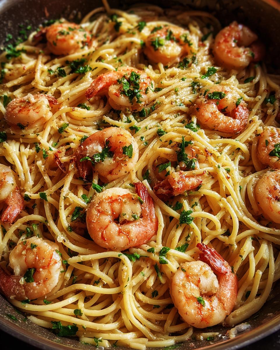 Overhead shot of shrimp pasta recipes featuring spaghetti, sauteed shrimp, and fresh parsley.