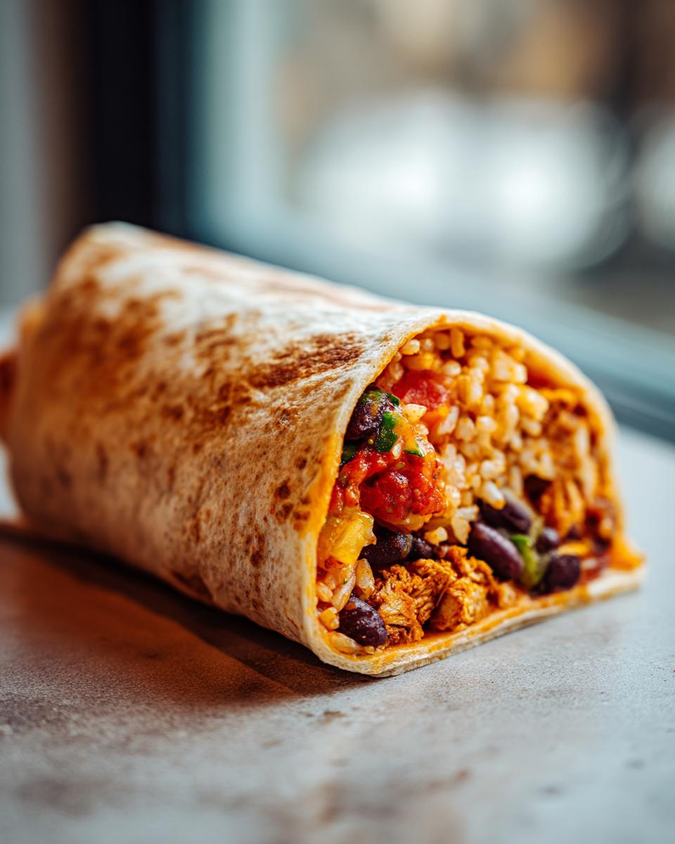 Close-up of a delicious burrito filled with rice, beans, meat, and salsa.