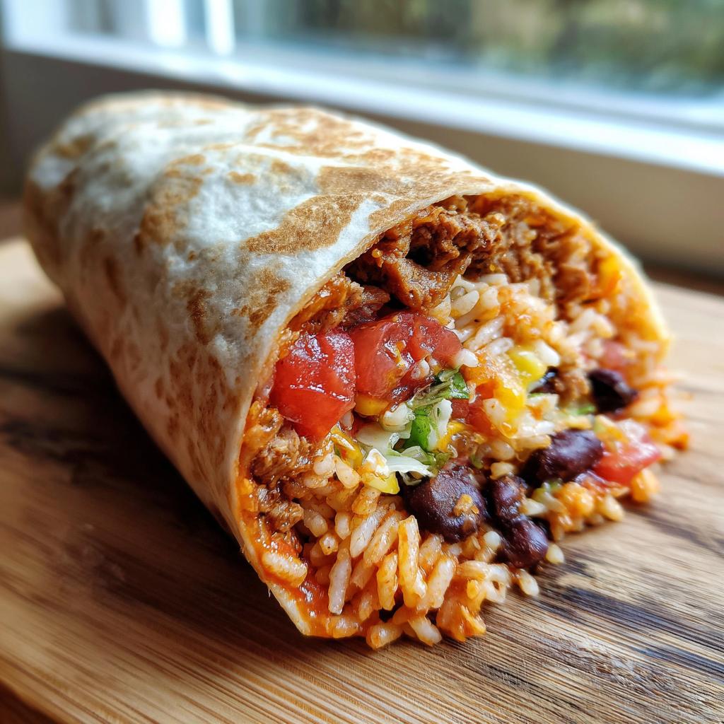 Close-up of a simple burrito filled with rice, beans, meat, and vegetables on a wooden board.