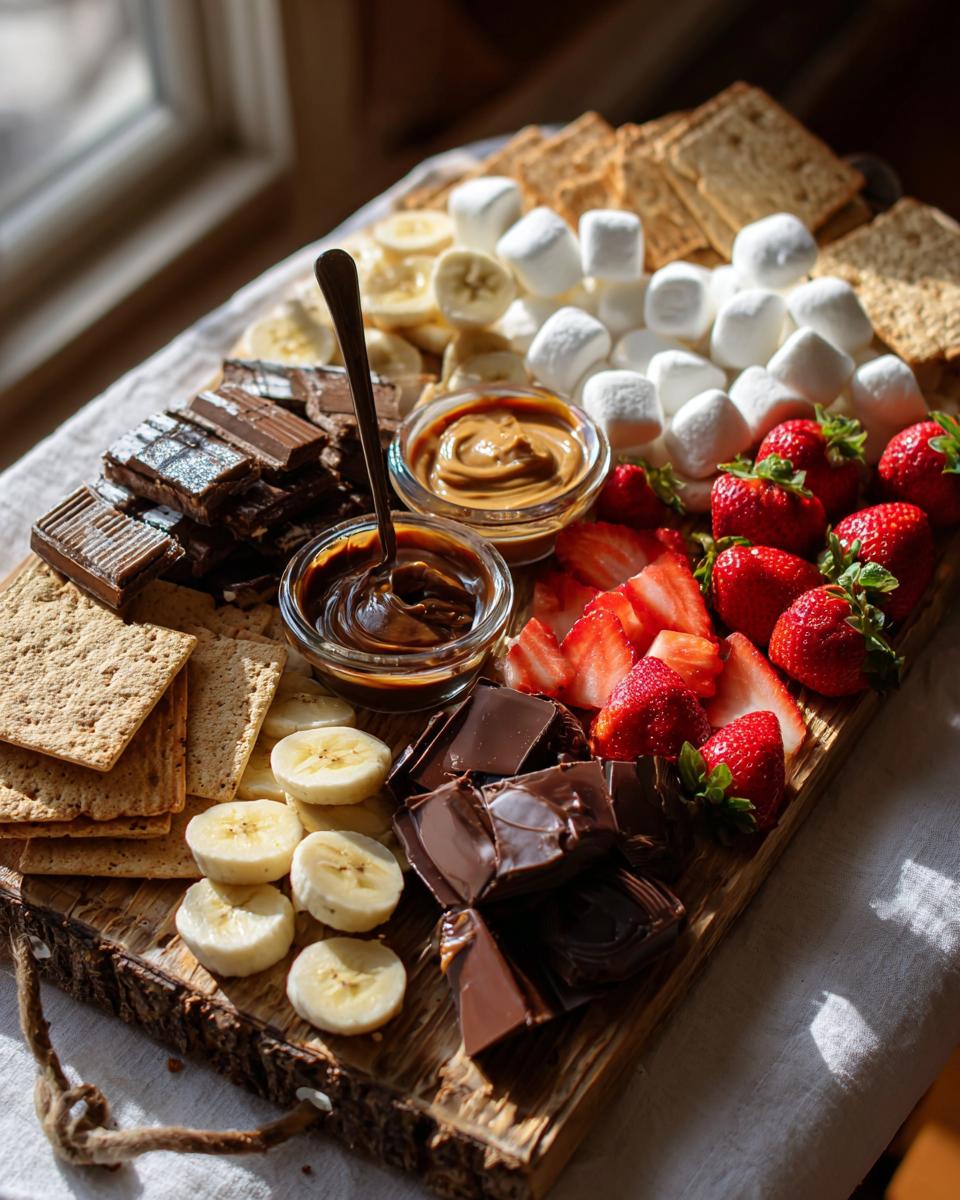 A rustic S'mores Dessert Board featuring graham crackers, marshmallows, chocolate bars, strawberries, bananas, and dipping sauces.