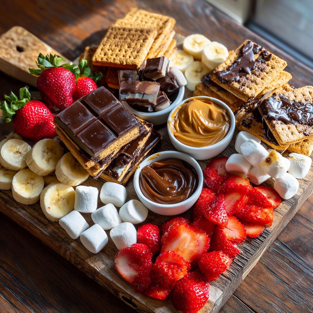 A beautiful S'mores Dessert Board featuring graham crackers, chocolate bars, marshmallows, strawberries, bananas, and dipping sauces.