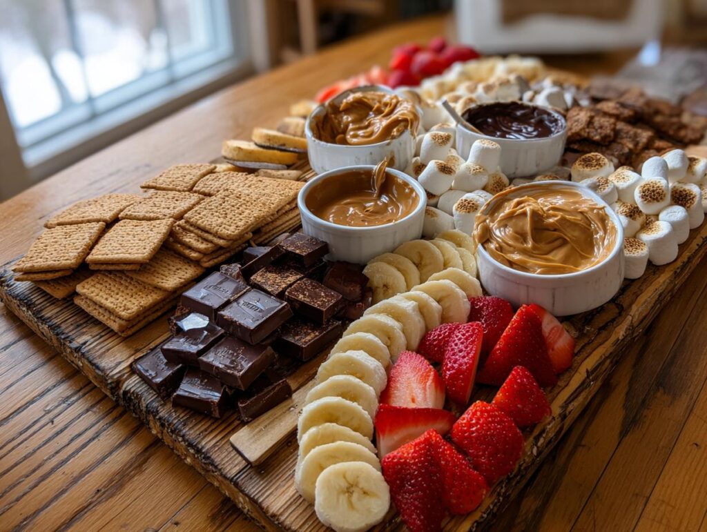 An abundant S'mores Dessert Board featuring graham crackers, chocolate, marshmallows, peanut butter, chocolate spread, strawberries, and bananas.
