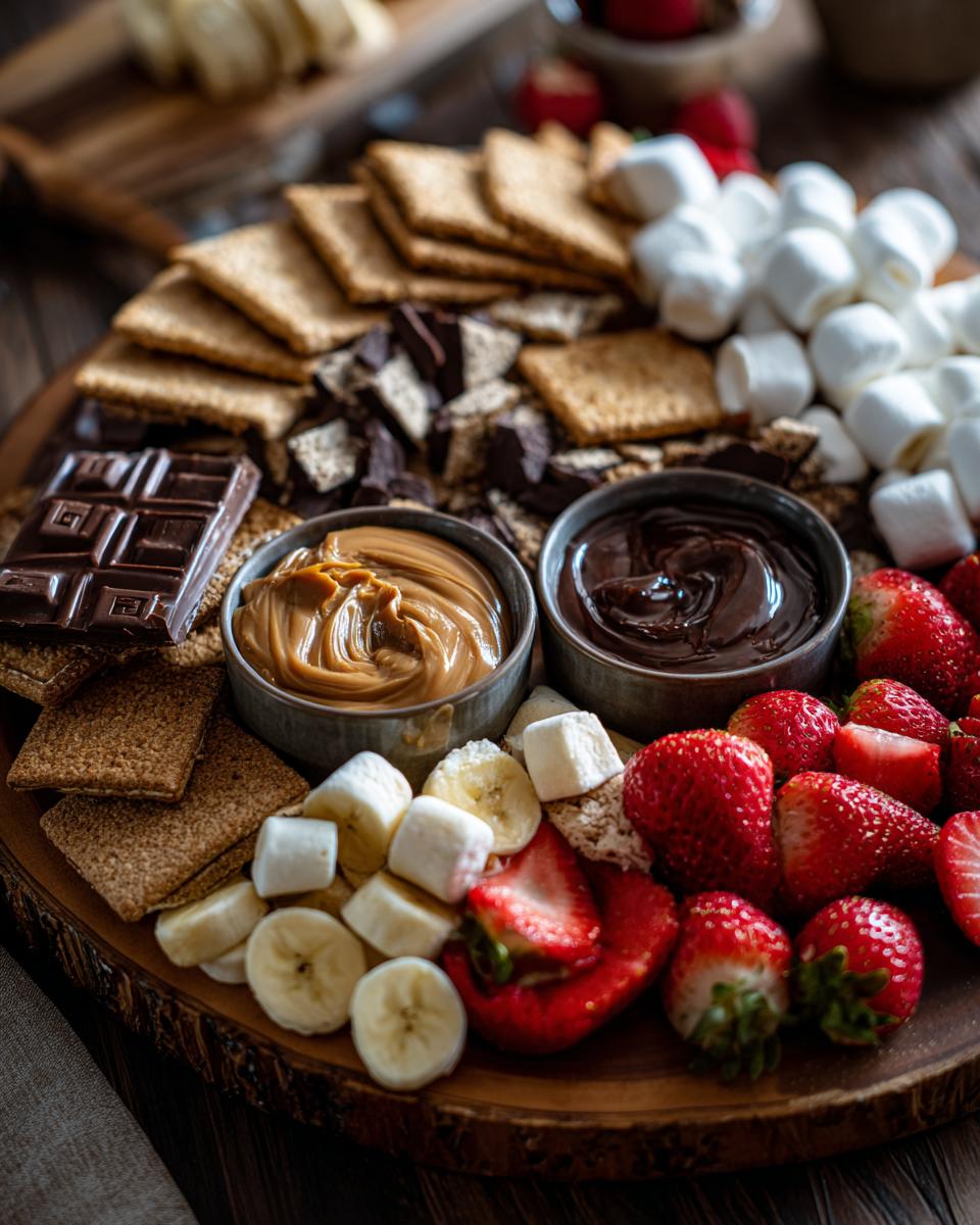 A close-up of a S'mores Dessert Board featuring graham crackers, chocolate bars, marshmallows, strawberries, bananas, and dipping sauces.