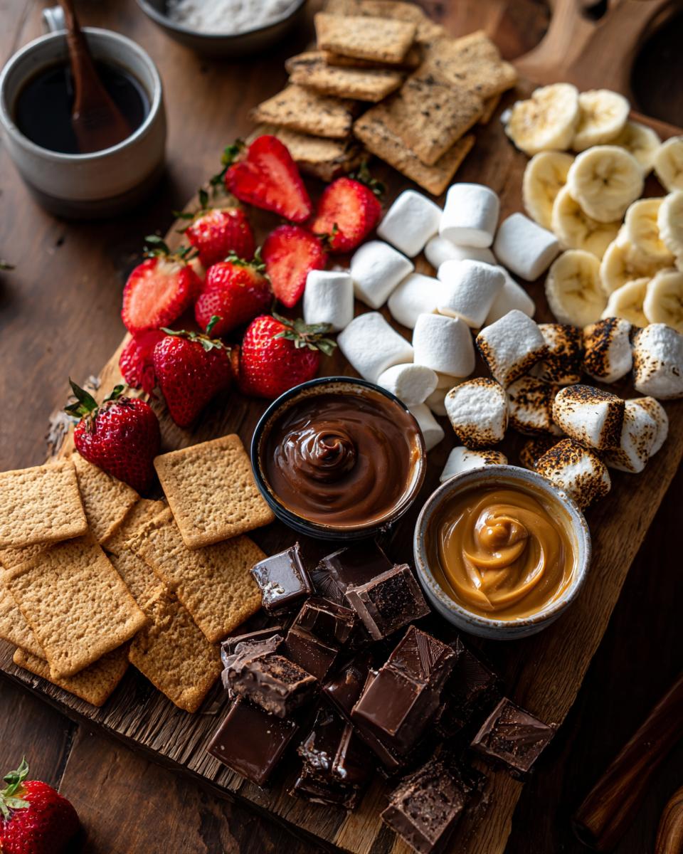 A beautifully arranged S'mores Dessert Board featuring graham crackers, strawberries, marshmallows, chocolate, and dipping sauces.
