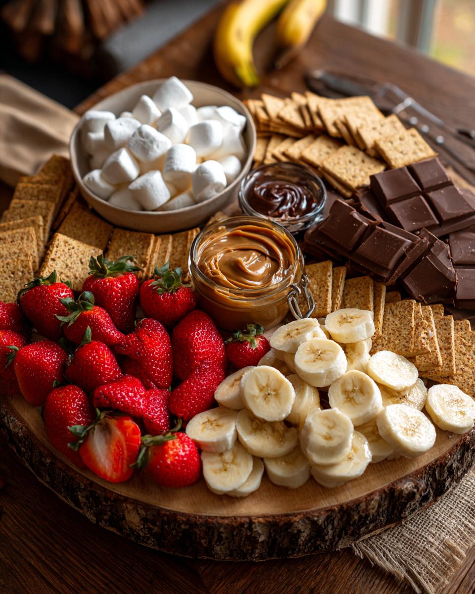 A beautifully arranged S'mores Dessert Board featuring graham crackers, marshmallows, chocolate, strawberries, bananas, and peanut butter.