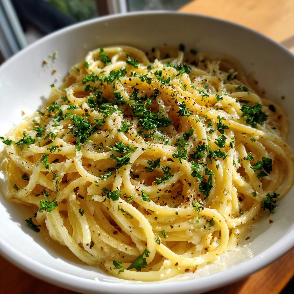 Bowl of spaghetti coated in creamy sauce, topped with parsley and parmesan cheese.