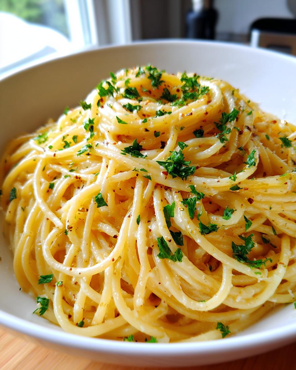 Bowl of spaghetti coated in a dreamy creamy sauce, garnished with parsley and red pepper flakes.