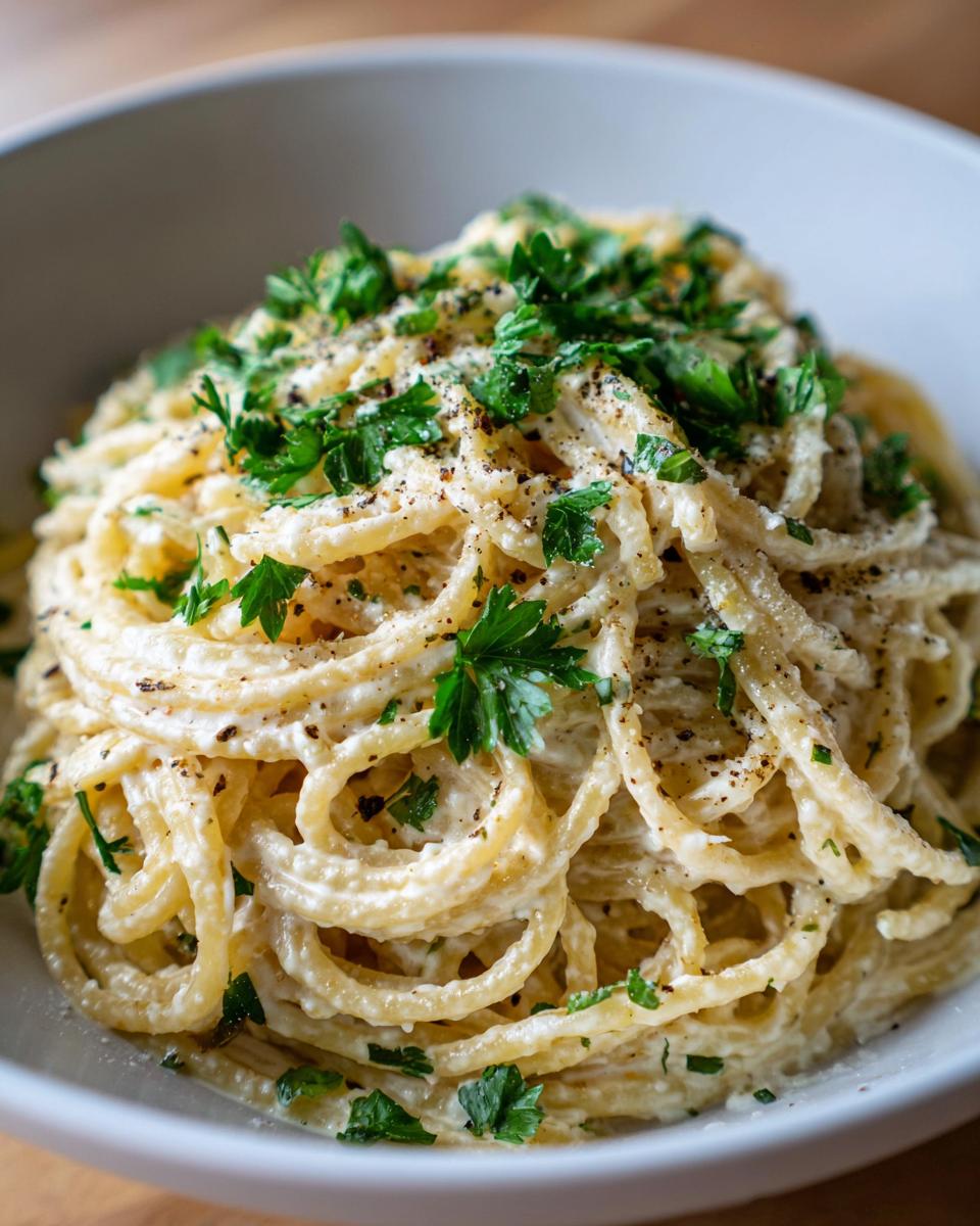 Bowl of spaghetti coated in a dreamy creamy sauce, garnished with fresh parsley and black pepper.