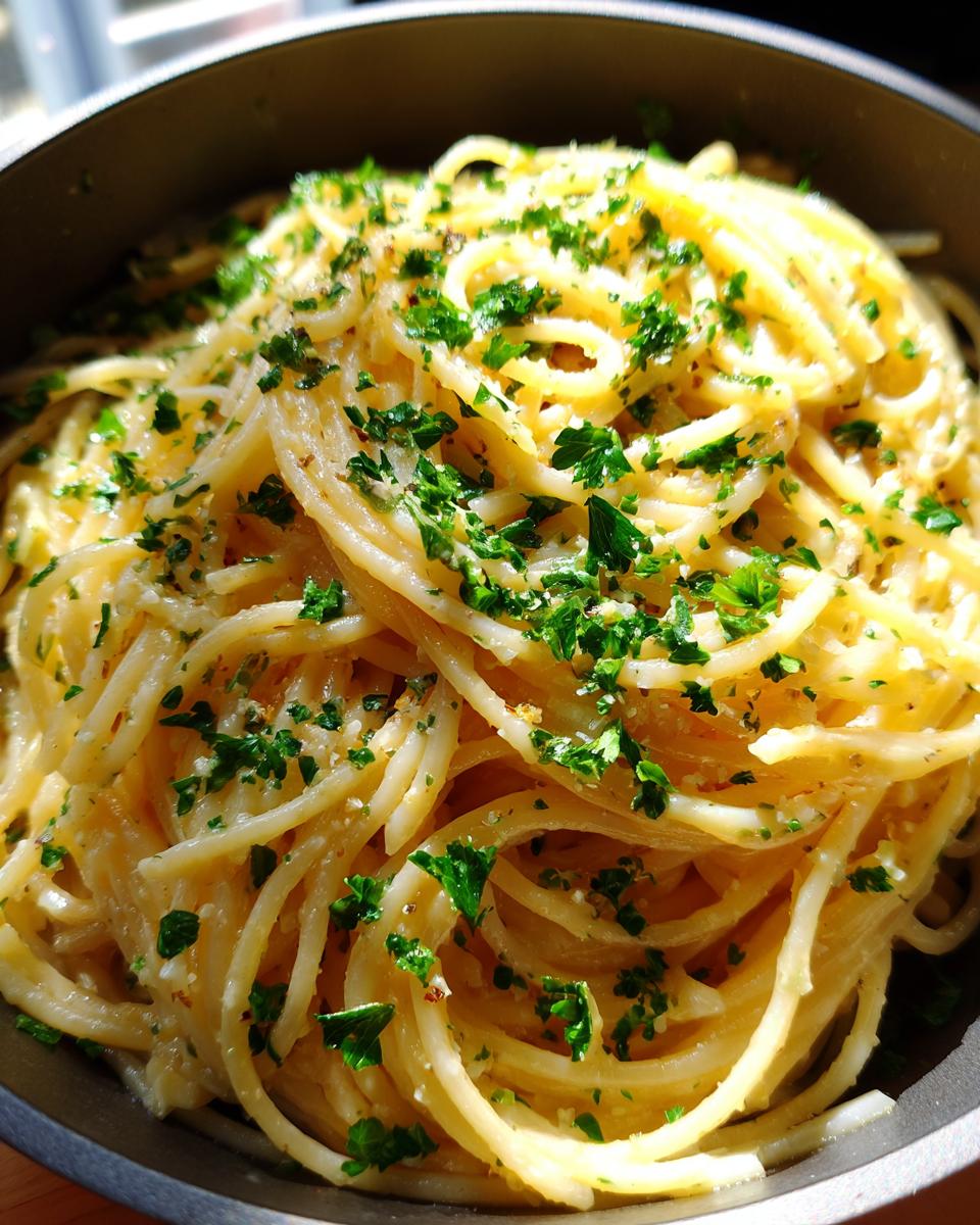 Close-up of spaghetti tossed in a creamy sauce, garnished with fresh parsley.