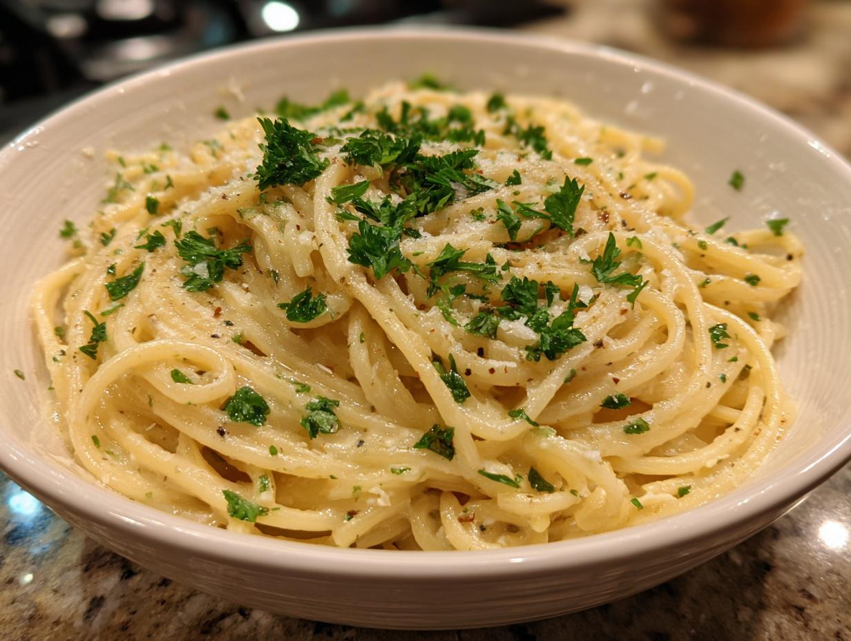 Bowl of spaghetti with a dreamy creamy sauce, garnished with parsley and parmesan cheese.