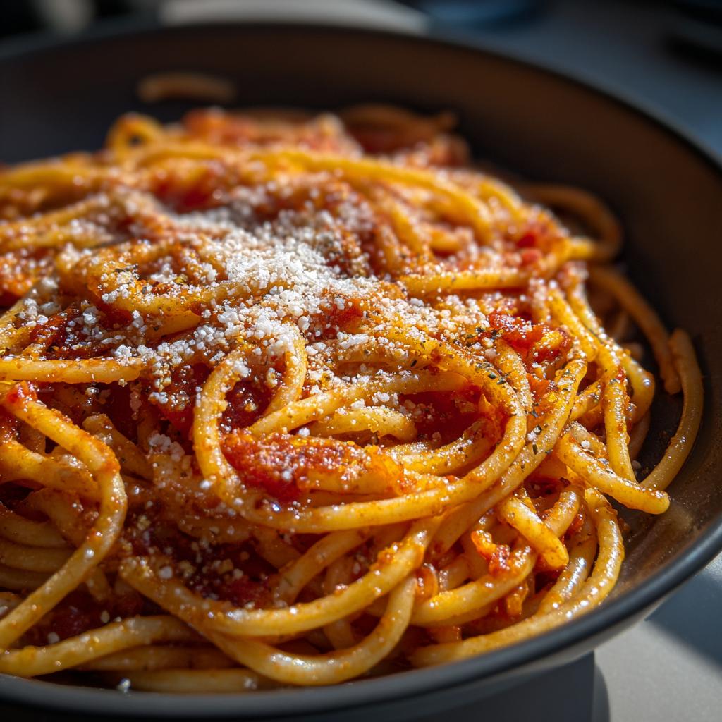 Bowl of spaghetti pasta recipe with tomato sauce and parmesan cheese.