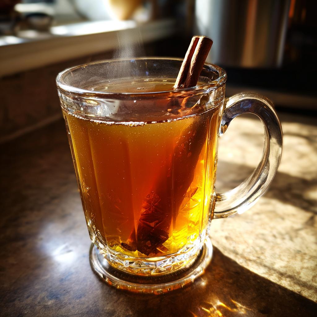 A steaming Spiced Apple Cider Bourbon Cocktail in a glass mug, garnished with a cinnamon stick.