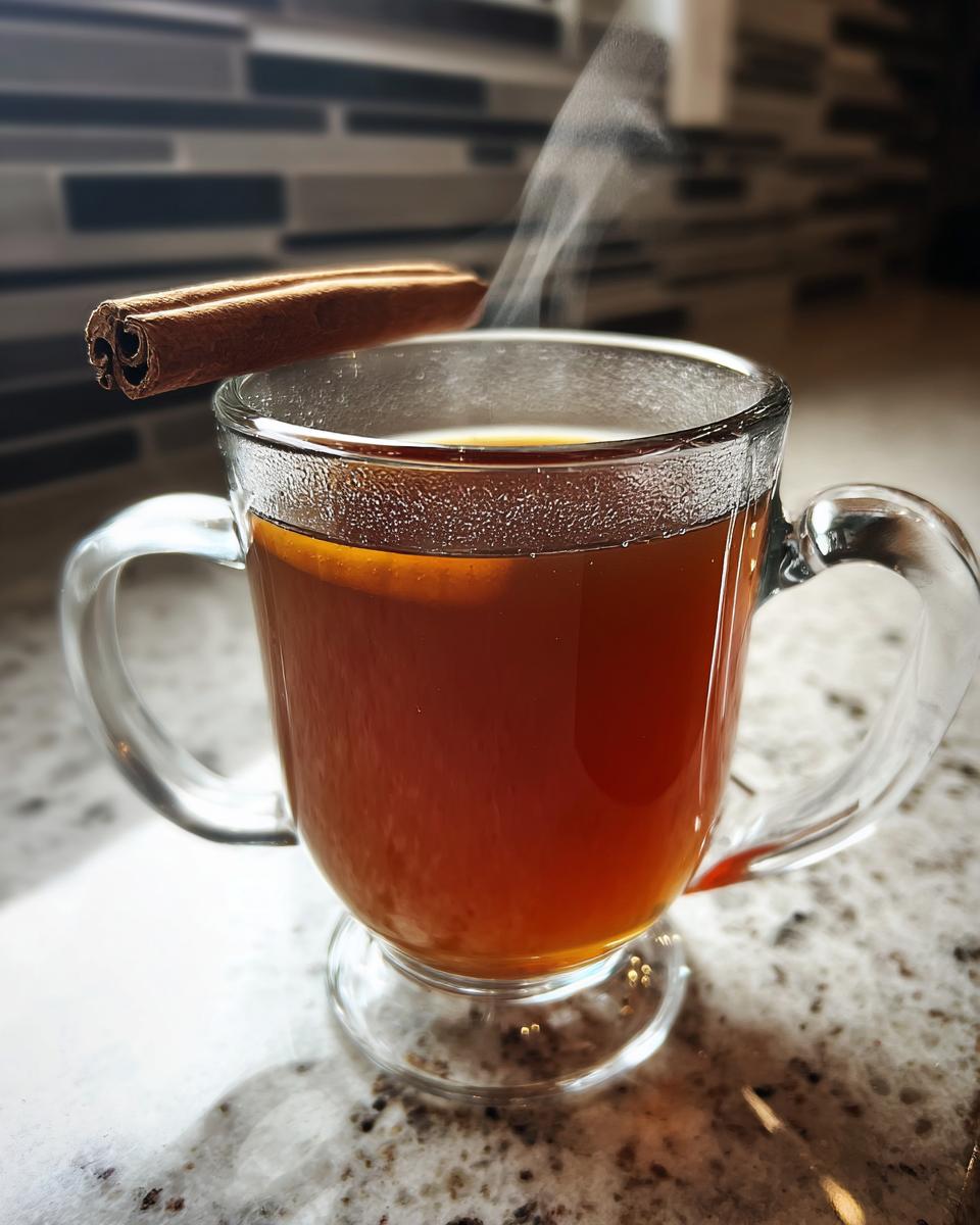 Steaming Spiced Apple Cider Bourbon Cocktail in a glass mug, garnished with a cinnamon stick.