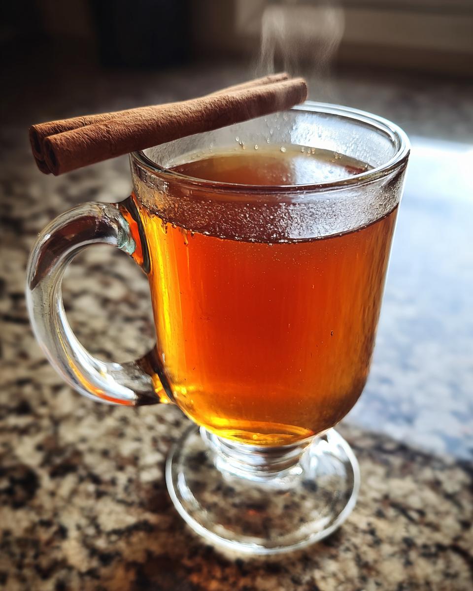 A steaming Spiced Apple Cider Bourbon Cocktail in a glass mug, garnished with a cinnamon stick.