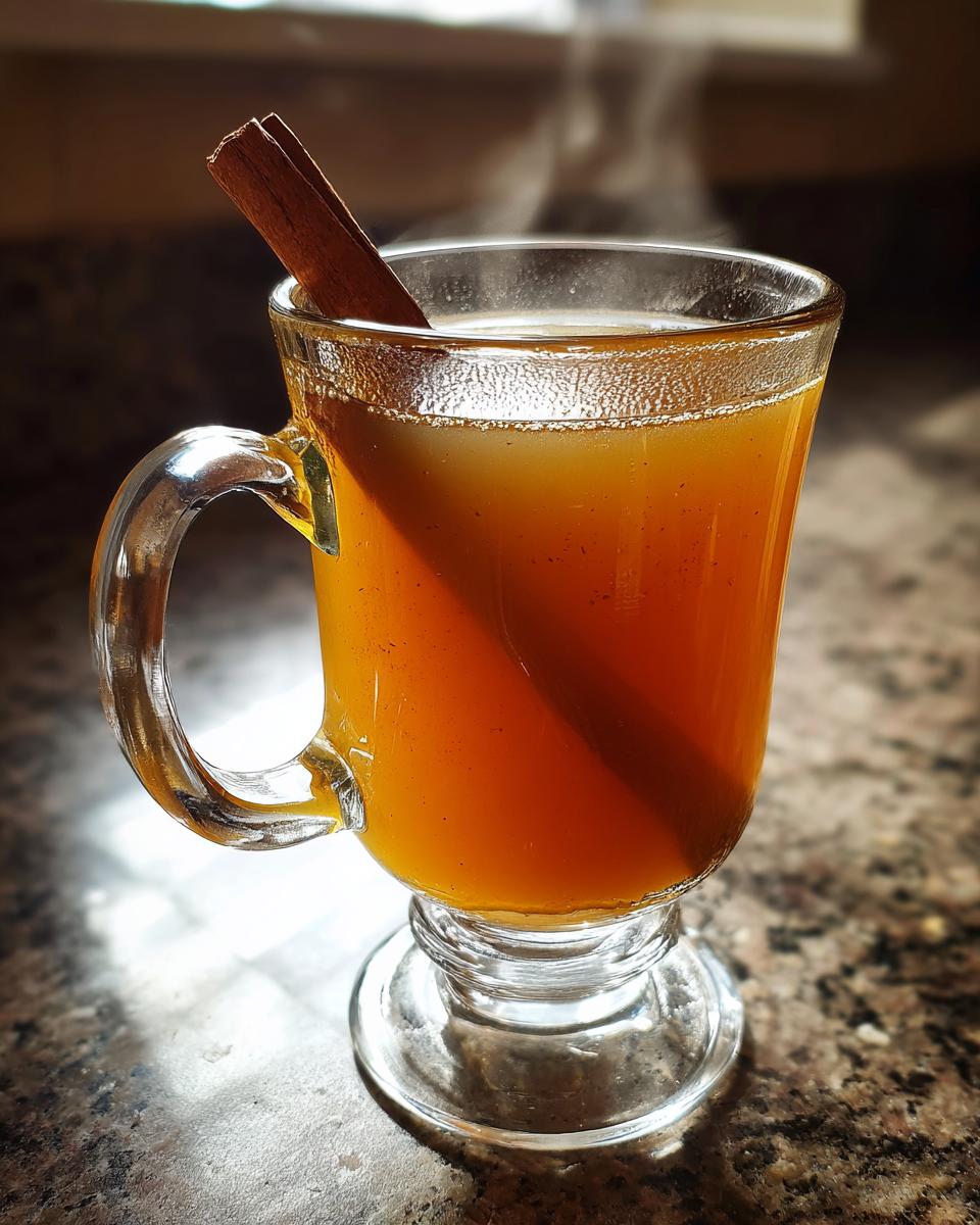 A steaming Spiced Apple Cider Bourbon Cocktail in a glass mug, garnished with a cinnamon stick.