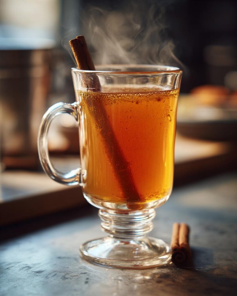 A steaming Spiced Apple Cider Bourbon Cocktail in a glass mug, garnished with a cinnamon stick.