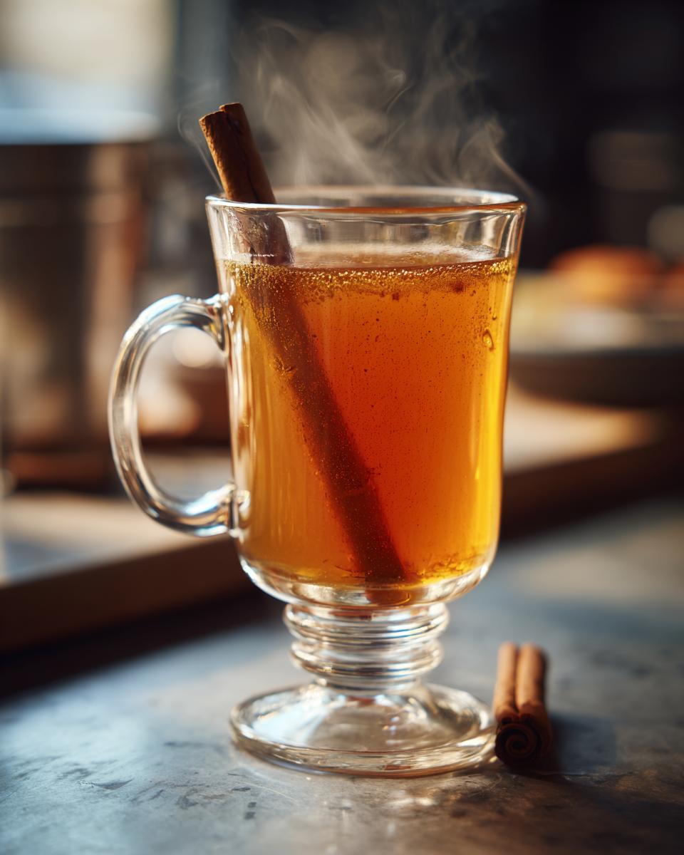 A steaming Spiced Apple Cider Bourbon Cocktail in a glass mug, garnished with a cinnamon stick.