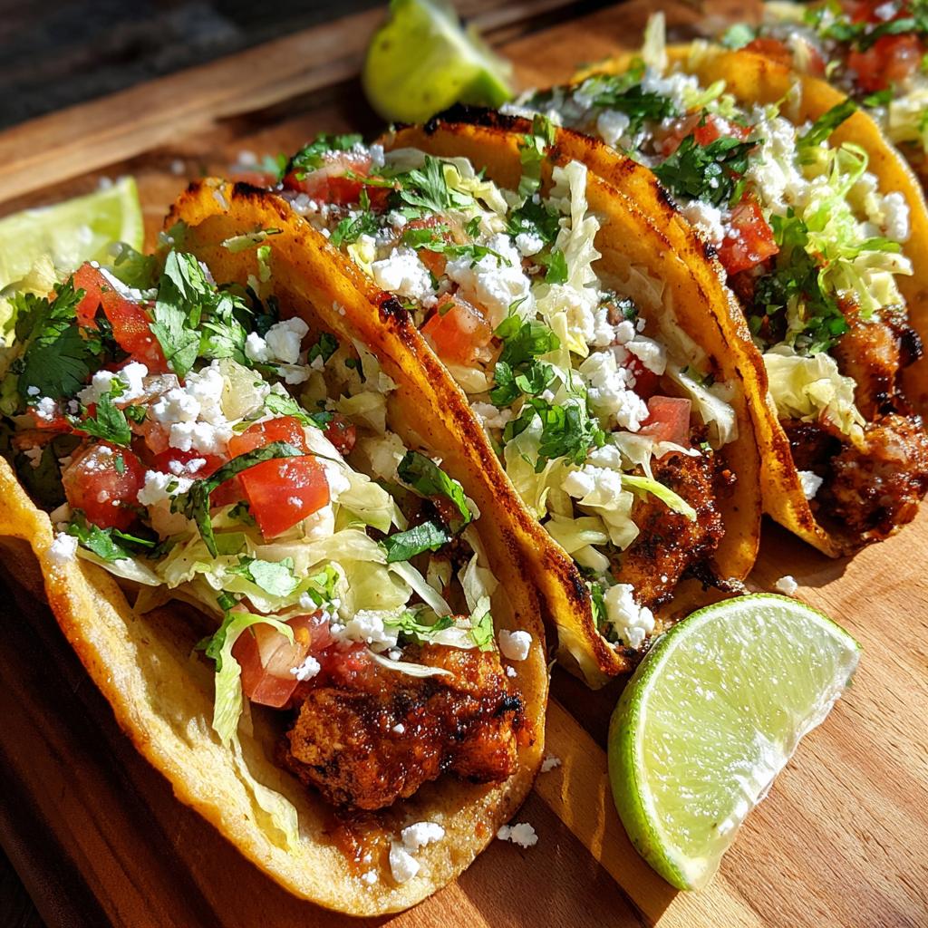 Close-up of Spicy Chipotle Chicken Tacos with fresh toppings and lime wedges on a wooden board.