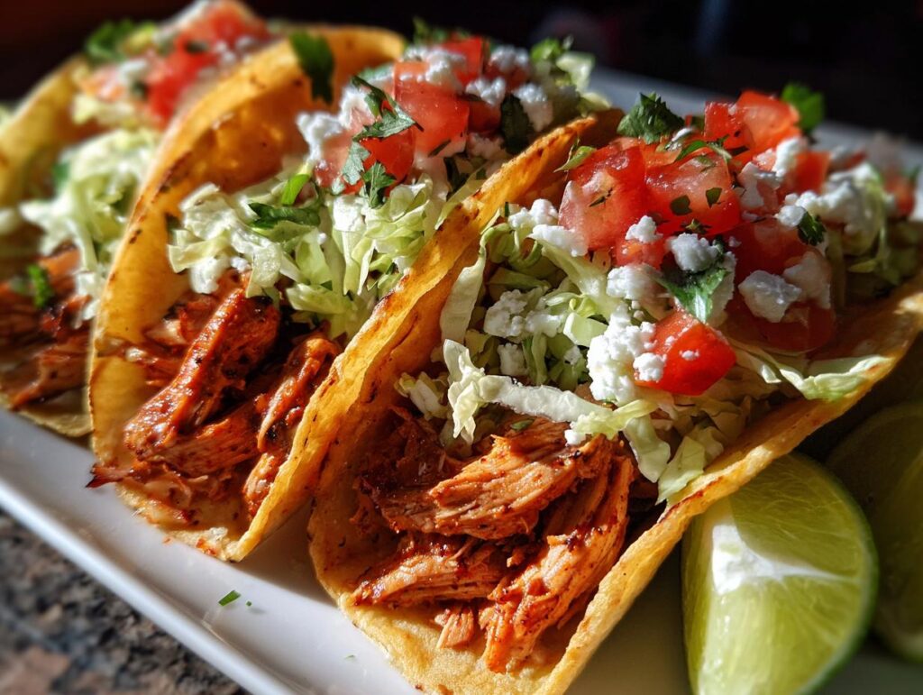 Three Spicy Chipotle Chicken Tacos topped with lettuce, tomatoes, cheese, and cilantro, served with lime.