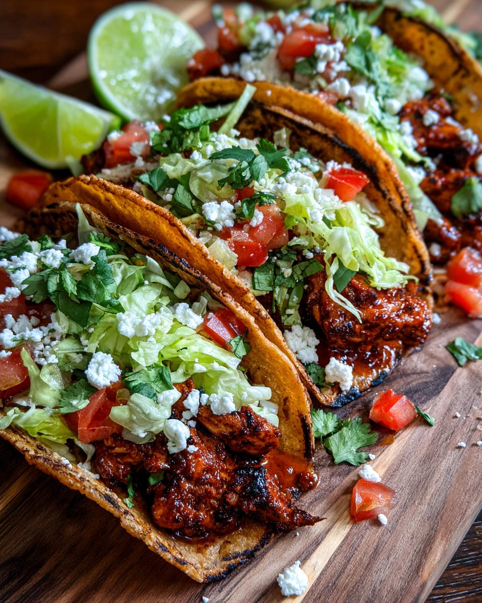 Close-up of spicy chipotle chicken tacos with lettuce, tomatoes, cheese, and lime wedges.