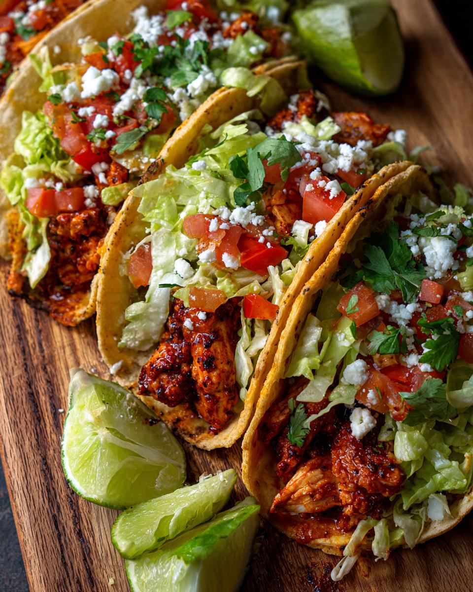 Three Spicy Chipotle Chicken Tacos on a wooden board, garnished with lettuce, tomatoes, cheese, cilantro, and lime.