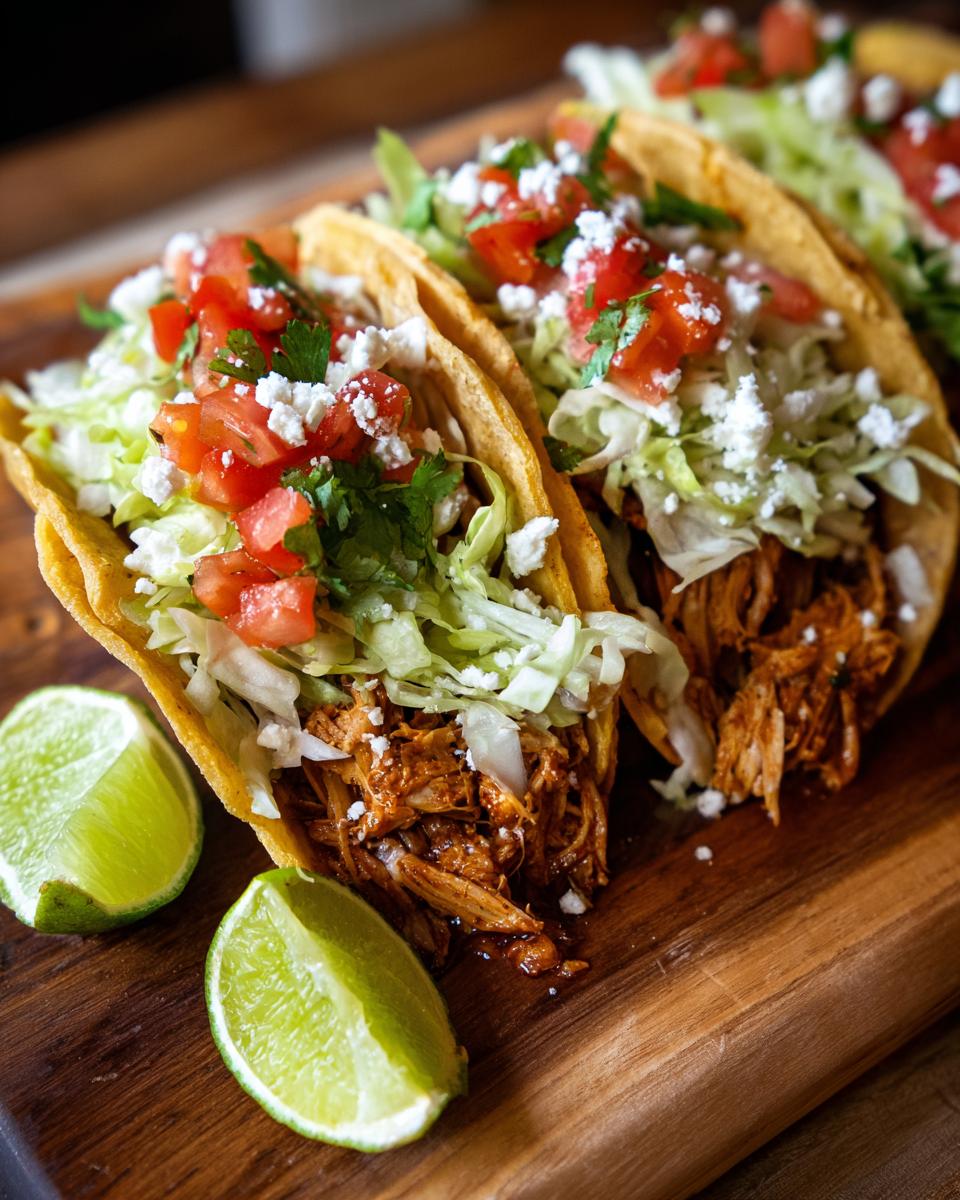 Three Spicy Chipotle Chicken Tacos on a wooden board with lime wedges. 